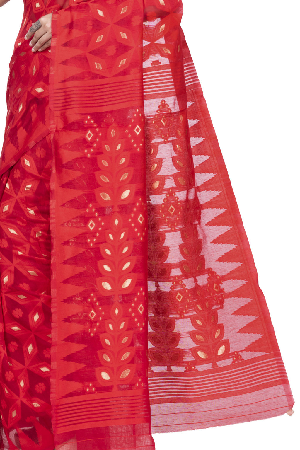 Red Pure Cotton Minakari_Jmdni Jamdani Saree (696)